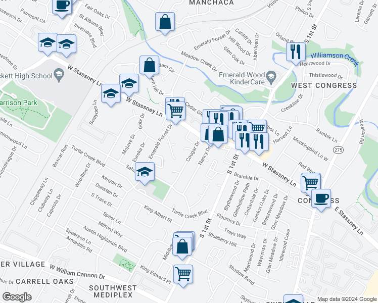 map of restaurants, bars, coffee shops, grocery stores, and more near 908 Cougar Cove in Austin