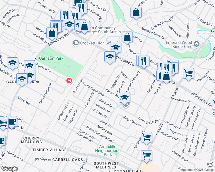 map of restaurants, bars, coffee shops, grocery stores, and more near 6002 Libyan Drive in Austin