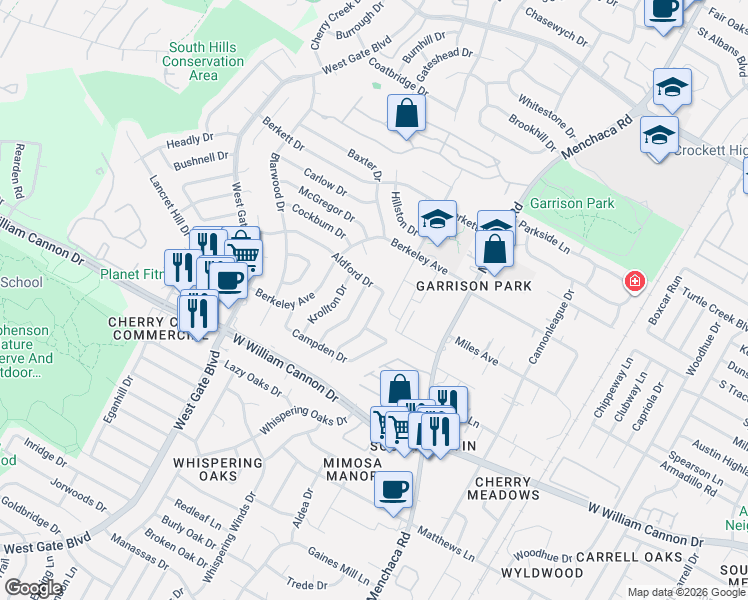 map of restaurants, bars, coffee shops, grocery stores, and more near 2401 Aldford Drive in Austin