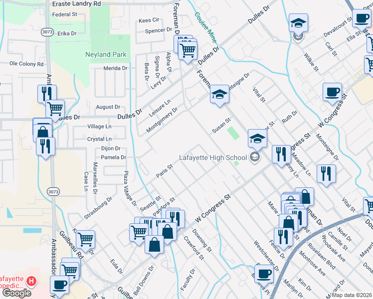 map of restaurants, bars, coffee shops, grocery stores, and more near 200 Paris Street in Lafayette