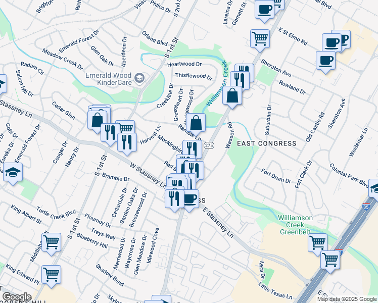 map of restaurants, bars, coffee shops, grocery stores, and more near 128 Mockingbird Lane West in Austin