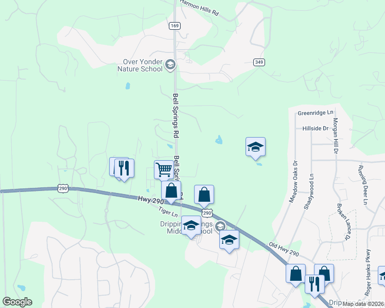 map of restaurants, bars, coffee shops, grocery stores, and more near 303 Daisy Lane in Dripping Springs