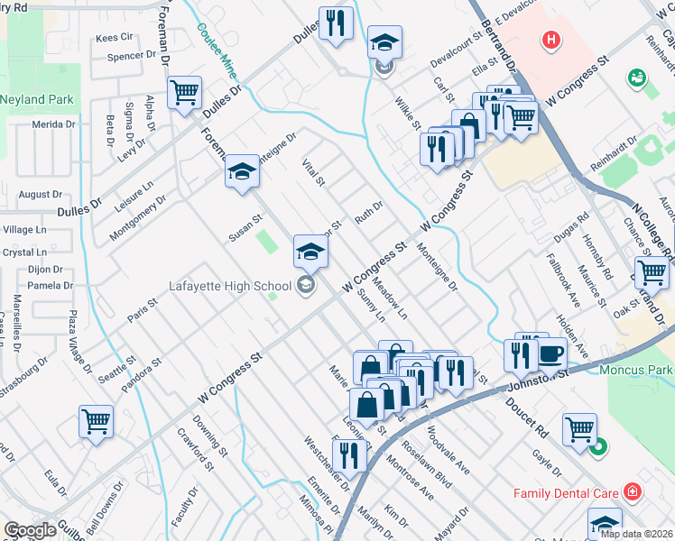 map of restaurants, bars, coffee shops, grocery stores, and more near 217 Sunny Lane in Lafayette