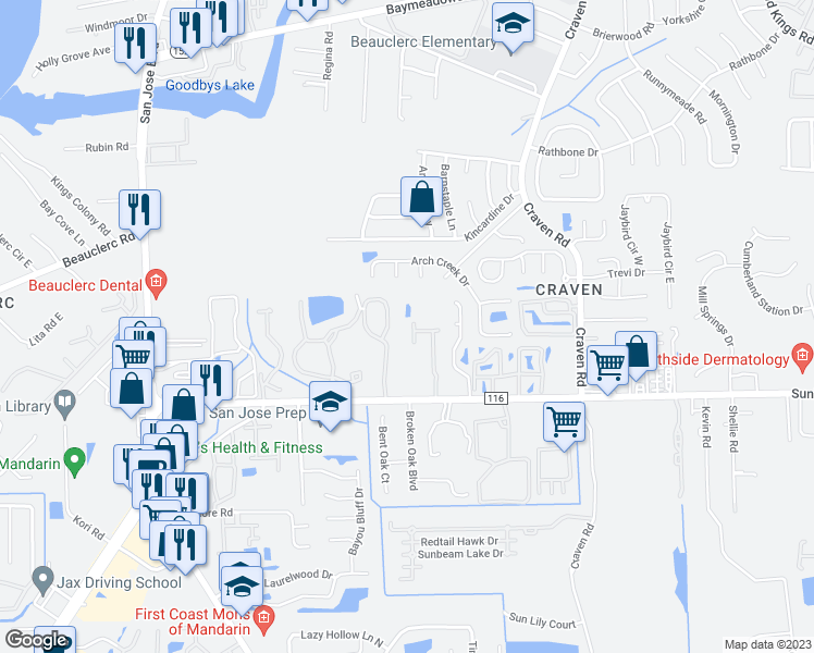 map of restaurants, bars, coffee shops, grocery stores, and more near 9390 Underwing Way in Jacksonville