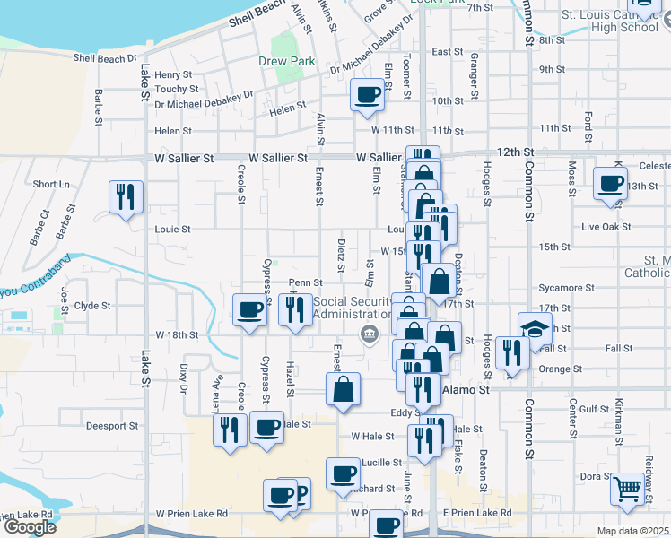 map of restaurants, bars, coffee shops, grocery stores, and more near 2420 Dietz Street in Lake Charles