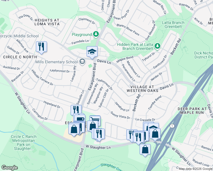 map of restaurants, bars, coffee shops, grocery stores, and more near 5909 Taylorcrest Drive in Austin
