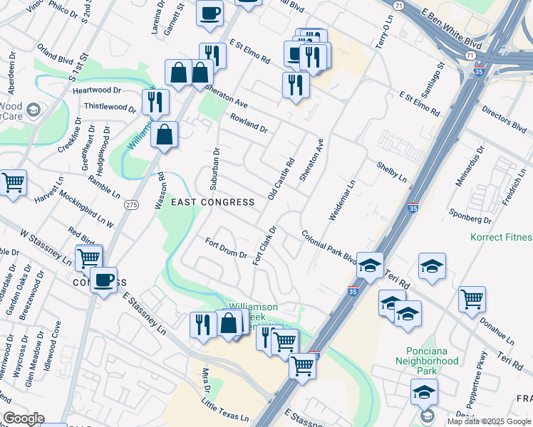 map of restaurants, bars, coffee shops, grocery stores, and more near 4915 Old Castle Road in Austin