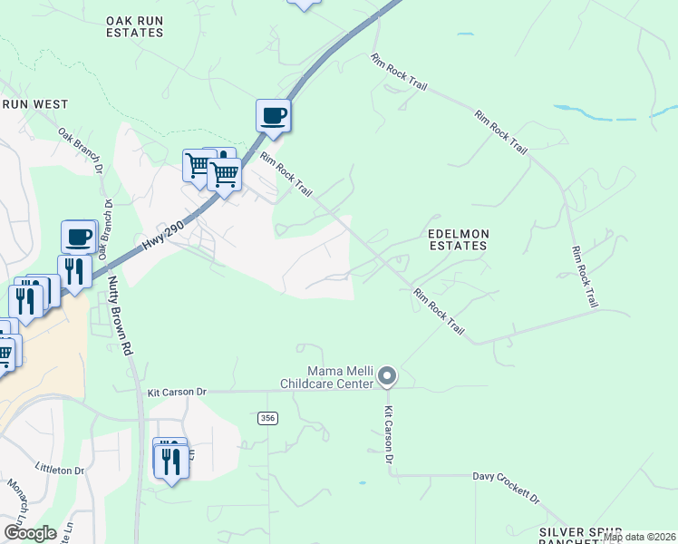 map of restaurants, bars, coffee shops, grocery stores, and more near 11797 Rim Rock Trail in Austin
