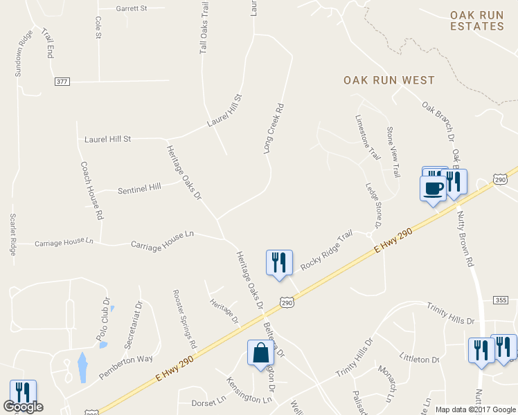 map of restaurants, bars, coffee shops, grocery stores, and more near 41 Long Creek Road in Austin