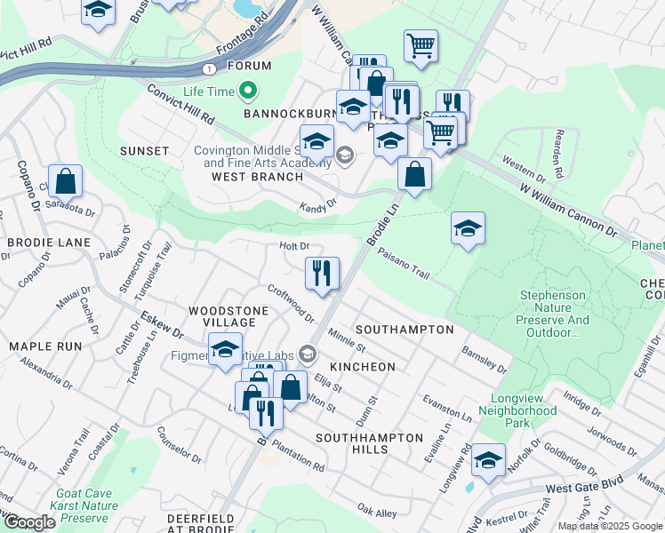 map of restaurants, bars, coffee shops, grocery stores, and more near 7506 Saint Amant Place in Austin