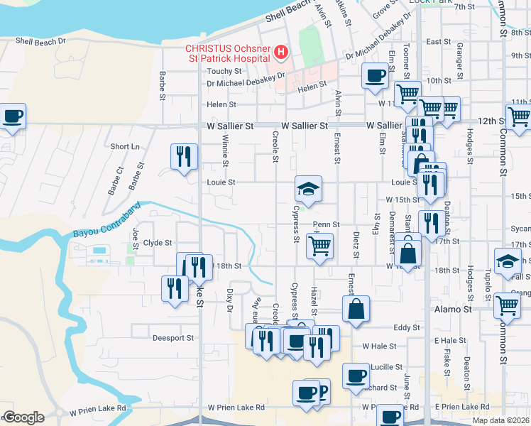 map of restaurants, bars, coffee shops, grocery stores, and more near 2414 Creole St in Lake Charles