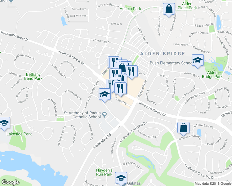 map of restaurants, bars, coffee shops, grocery stores, and more near 8021 Research Forest Drive in The Woodlands