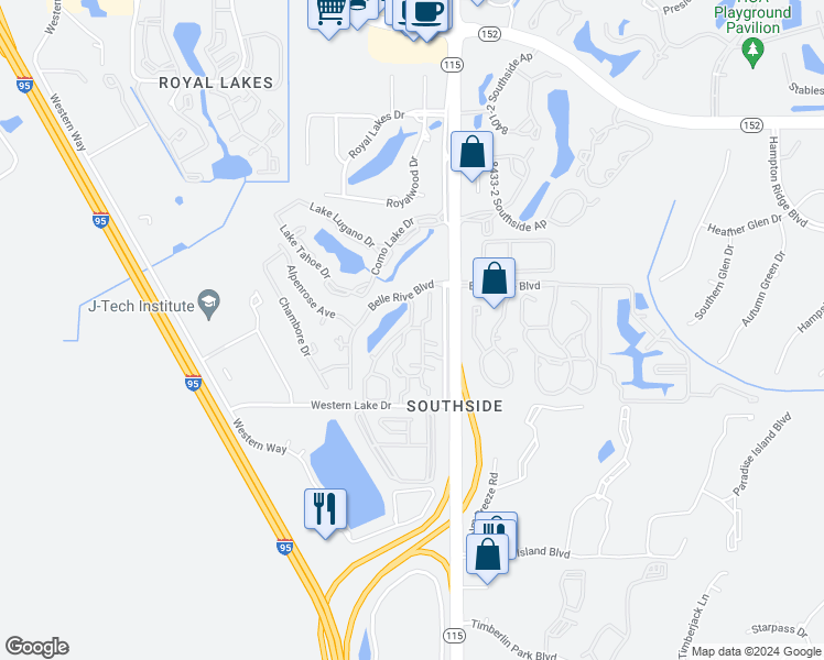 map of restaurants, bars, coffee shops, grocery stores, and more near 15 Western Lake Drive in Jacksonville