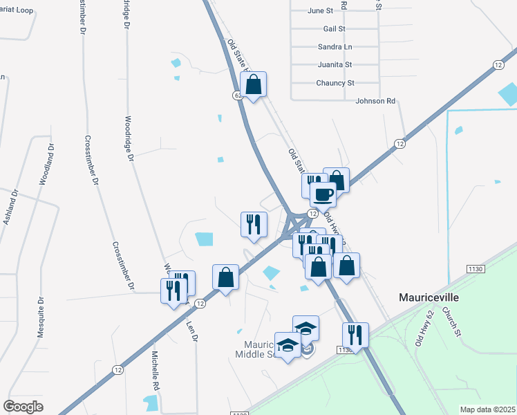 map of restaurants, bars, coffee shops, grocery stores, and more near 12277 Texas 62 in Orange