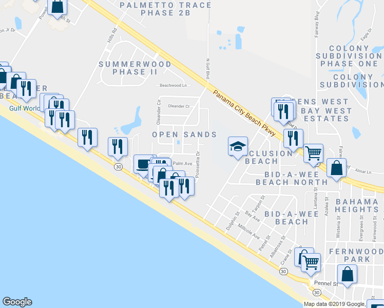 map of restaurants, bars, coffee shops, grocery stores, and more near 403 East Caladium Circle in Panama City Beach