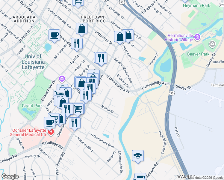 map of restaurants, bars, coffee shops, grocery stores, and more near 314 Theodora Boulevard in Lafayette