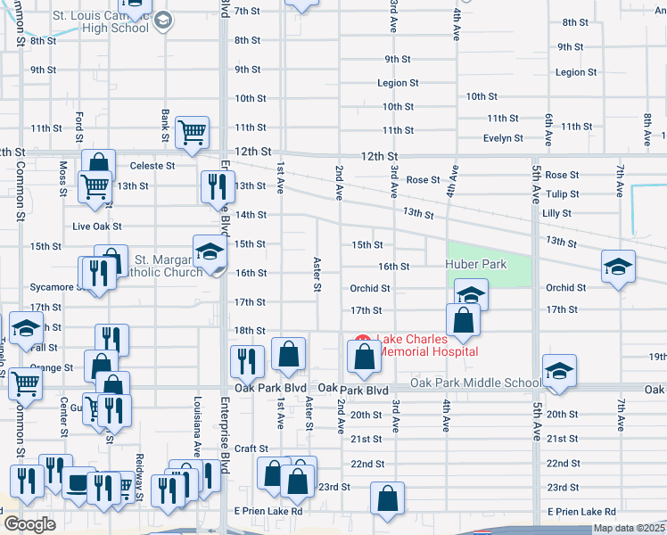map of restaurants, bars, coffee shops, grocery stores, and more near 2417 Aster Street in Lake Charles