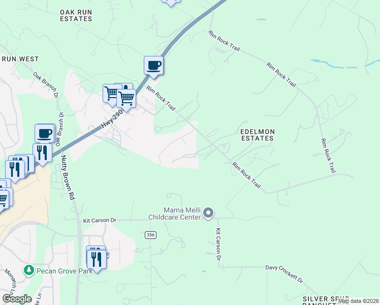 map of restaurants, bars, coffee shops, grocery stores, and more near 11797 Rim Rock Trail in Austin