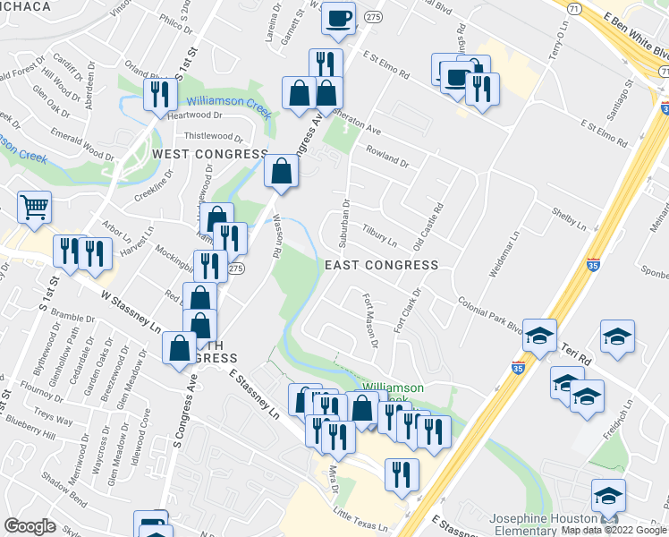 map of restaurants, bars, coffee shops, grocery stores, and more near 5004 Suburban Drive in Austin