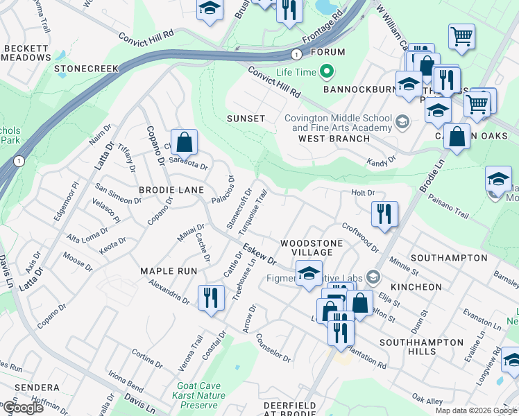 map of restaurants, bars, coffee shops, grocery stores, and more near 4005 Turquoise Cove in Austin