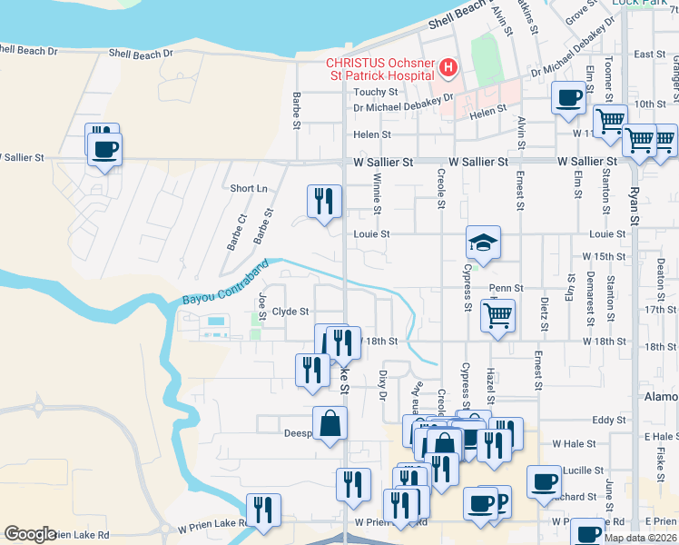 map of restaurants, bars, coffee shops, grocery stores, and more near 2360 Lake St in Lake Charles