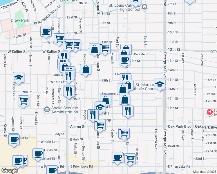 map of restaurants, bars, coffee shops, grocery stores, and more near 601 16th St in Lake Charles