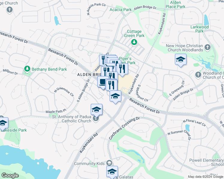 map of restaurants, bars, coffee shops, grocery stores, and more near 8011 Research Forest Drive in The Woodlands