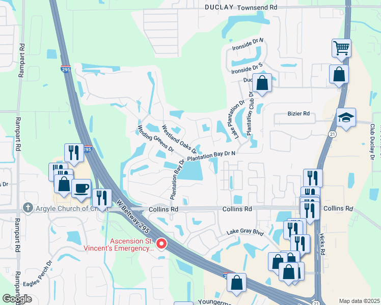 map of restaurants, bars, coffee shops, grocery stores, and more near 7590 Westland Oaks Dr in Jacksonville