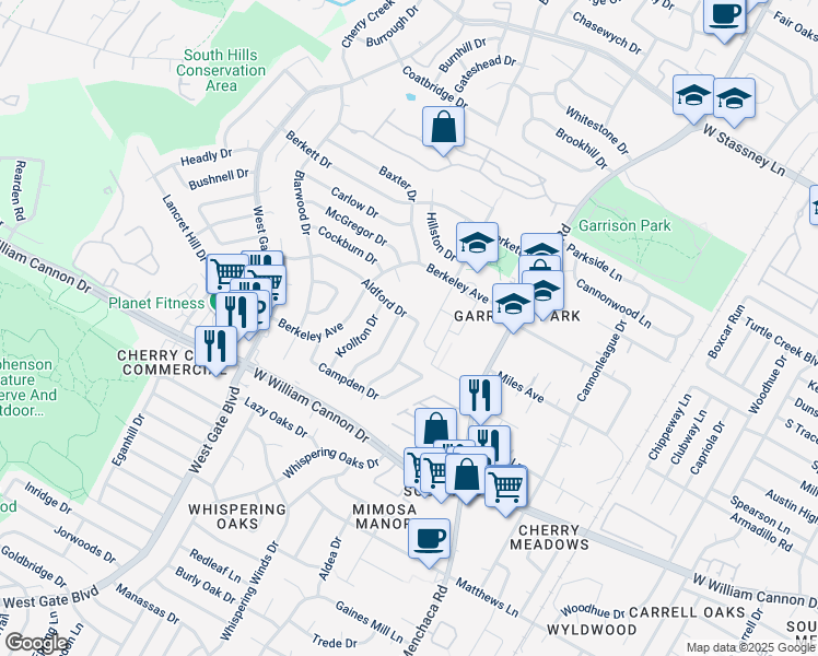 map of restaurants, bars, coffee shops, grocery stores, and more near 2401 Aldford Drive in Austin