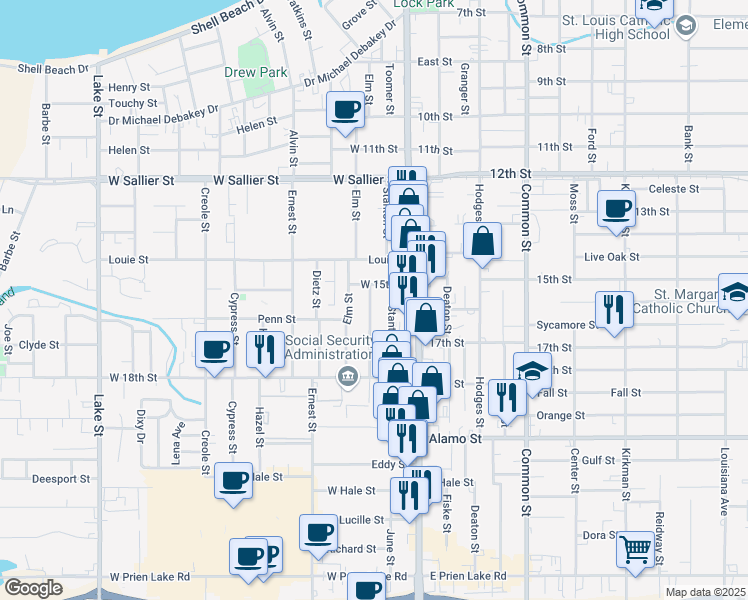map of restaurants, bars, coffee shops, grocery stores, and more near 2407 Demarest Street in Lake Charles