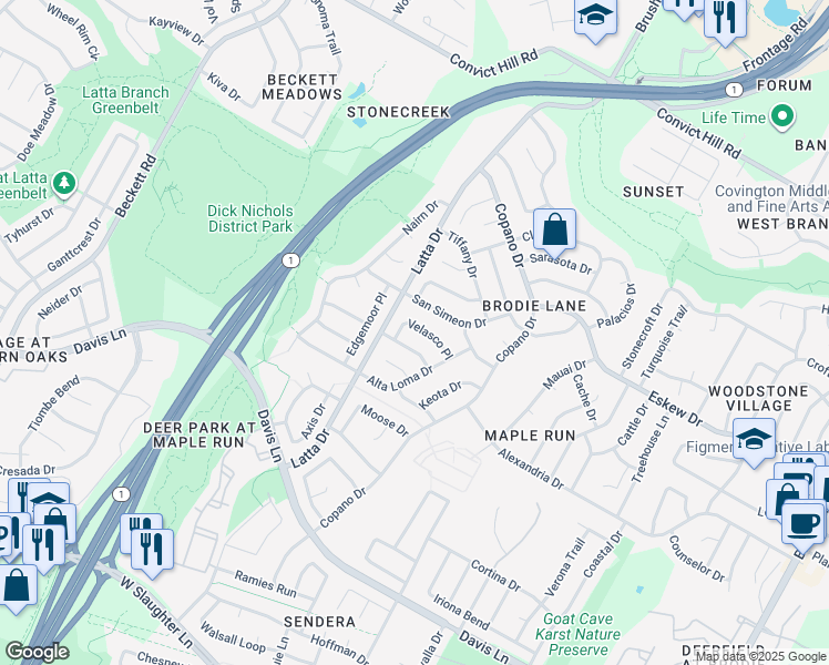 map of restaurants, bars, coffee shops, grocery stores, and more near 4618 Molera Drive in Austin