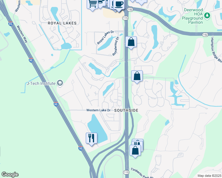 map of restaurants, bars, coffee shops, grocery stores, and more near 15 Western Lake Drive in Jacksonville