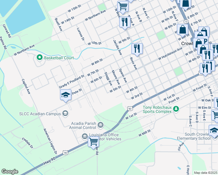 map of restaurants, bars, coffee shops, grocery stores, and more near 519 Stagg Avenue in Crowley