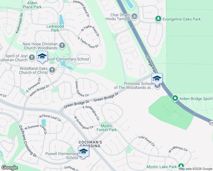 map of restaurants, bars, coffee shops, grocery stores, and more near 15 Baylark Place in The Woodlands