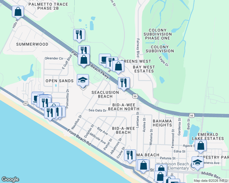 map of restaurants, bars, coffee shops, grocery stores, and more near 112 Argonaut Street in Panama City Beach
