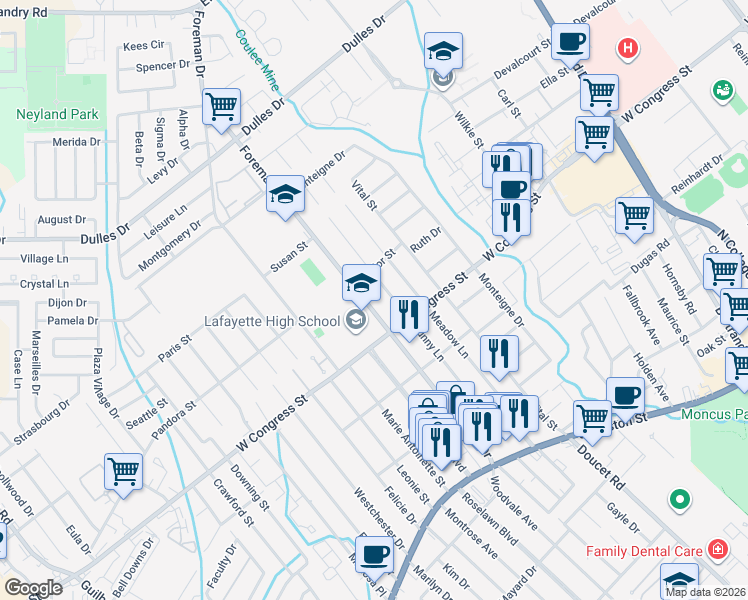 map of restaurants, bars, coffee shops, grocery stores, and more near 217 Sunny Lane in Lafayette