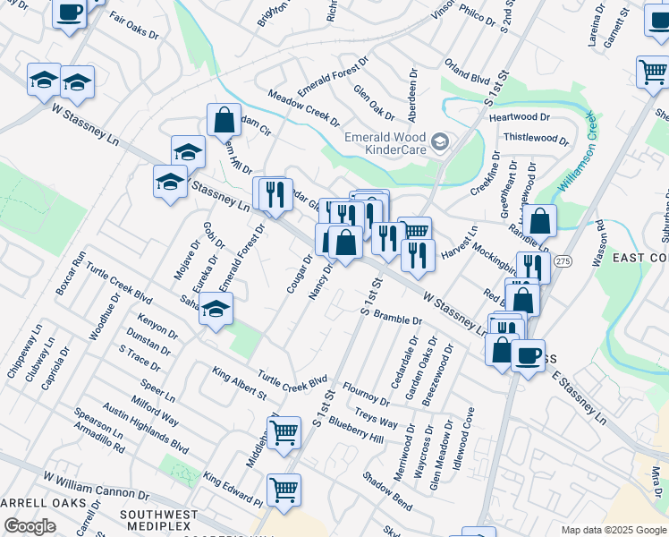 map of restaurants, bars, coffee shops, grocery stores, and more near 725 West Stassney Lane in Austin