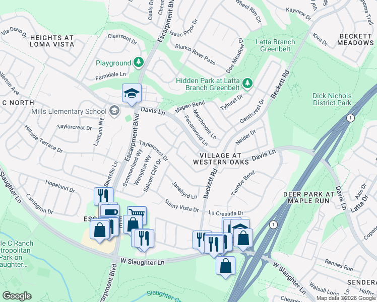 map of restaurants, bars, coffee shops, grocery stores, and more near 5947 Lomita Verde Circle in Austin