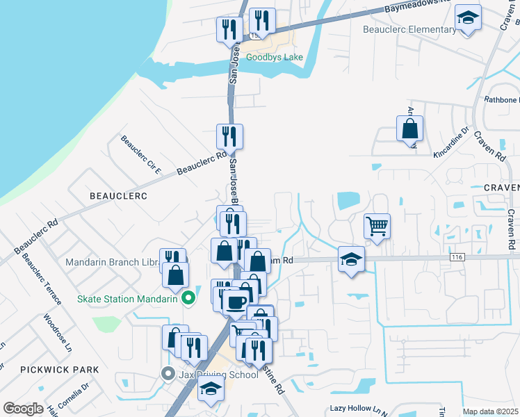 map of restaurants, bars, coffee shops, grocery stores, and more near 9319 San Jose Boulevard in Jacksonville