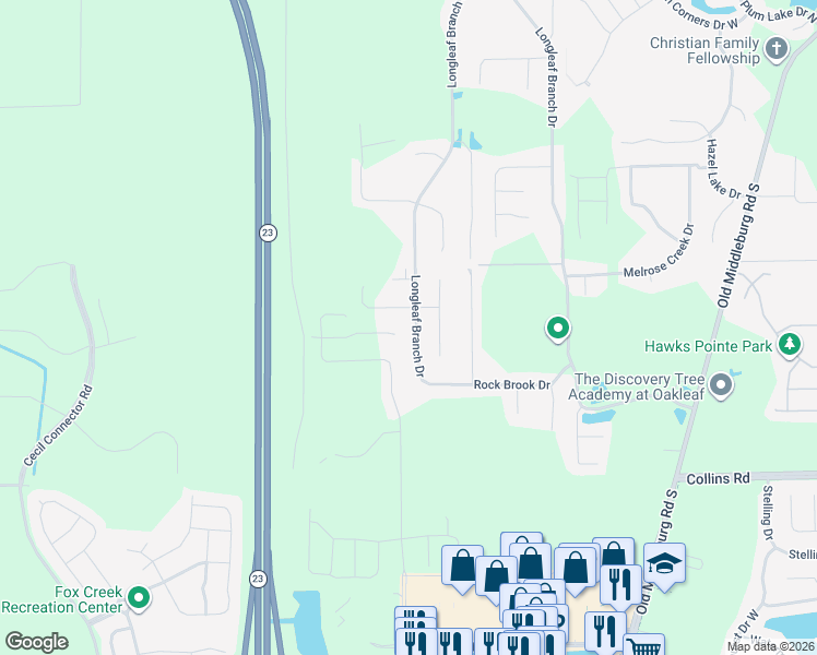 map of restaurants, bars, coffee shops, grocery stores, and more near 6366 Longleaf Branch Drive in Jacksonville