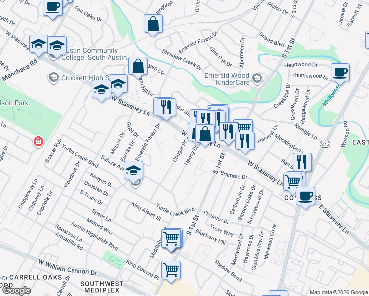 map of restaurants, bars, coffee shops, grocery stores, and more near 5701 Cougar Drive in Austin