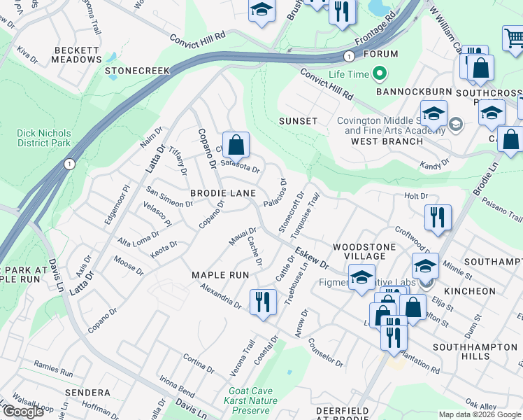 map of restaurants, bars, coffee shops, grocery stores, and more near 7907 Palacios Drive in Austin