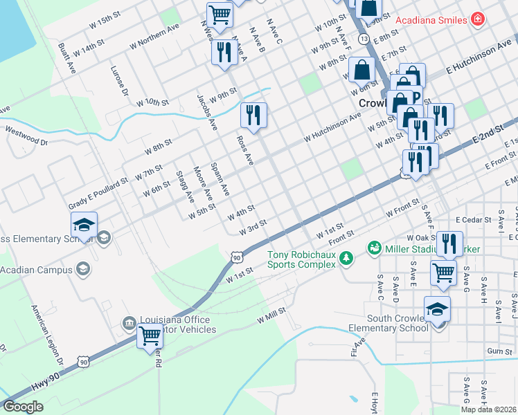 map of restaurants, bars, coffee shops, grocery stores, and more near 923 West 4th Street in Crowley