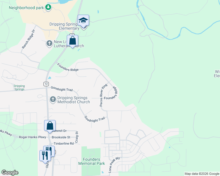 map of restaurants, bars, coffee shops, grocery stores, and more near 683 Founders Ridge in Dripping Springs