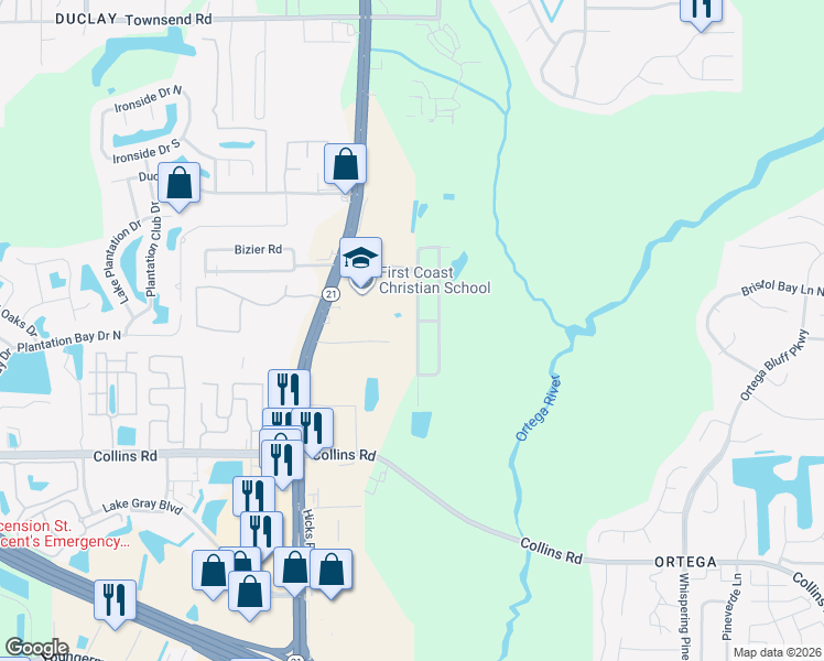 map of restaurants, bars, coffee shops, grocery stores, and more near 7708 Club Duclay Drive in Jacksonville