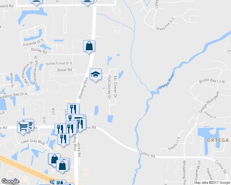 map of restaurants, bars, coffee shops, grocery stores, and more near 7707 Mc Cowan Drive in Jacksonville