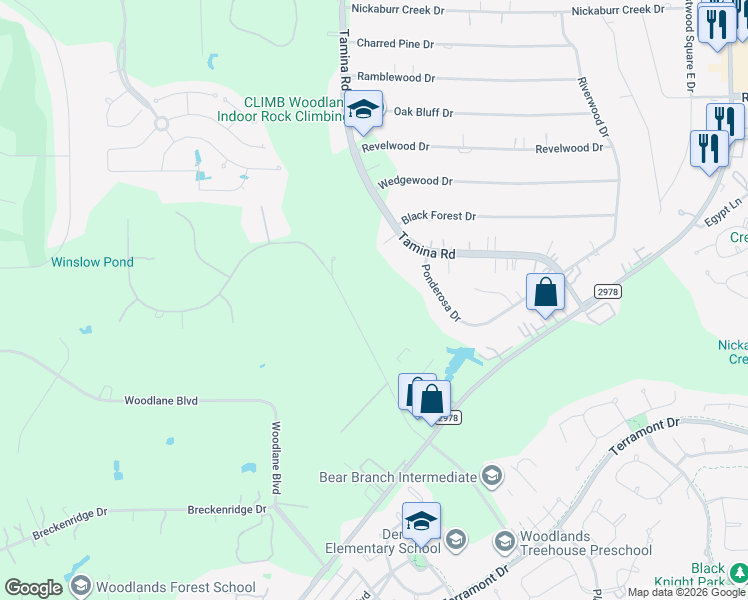map of restaurants, bars, coffee shops, grocery stores, and more near 32503 Tamina Road in Magnolia
