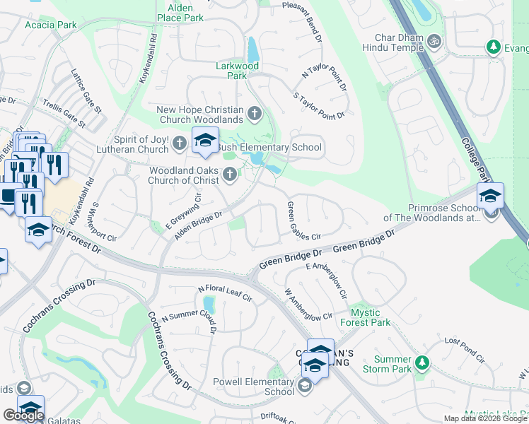 map of restaurants, bars, coffee shops, grocery stores, and more near 30 Merit Woods Place in Spring