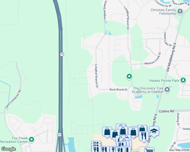 map of restaurants, bars, coffee shops, grocery stores, and more near 6371 Longleaf Branch Drive in Jacksonville