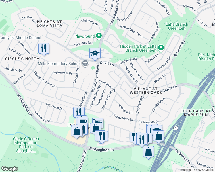 map of restaurants, bars, coffee shops, grocery stores, and more near 5909 Taylorcrest Drive in Austin